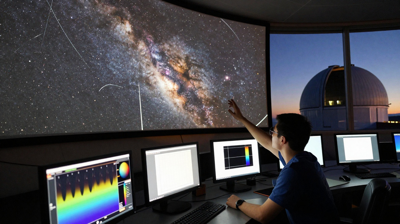 Pessoa em sala de controlo observa projeção de galáxia no teto de planetário com vários ecrãs ligados.