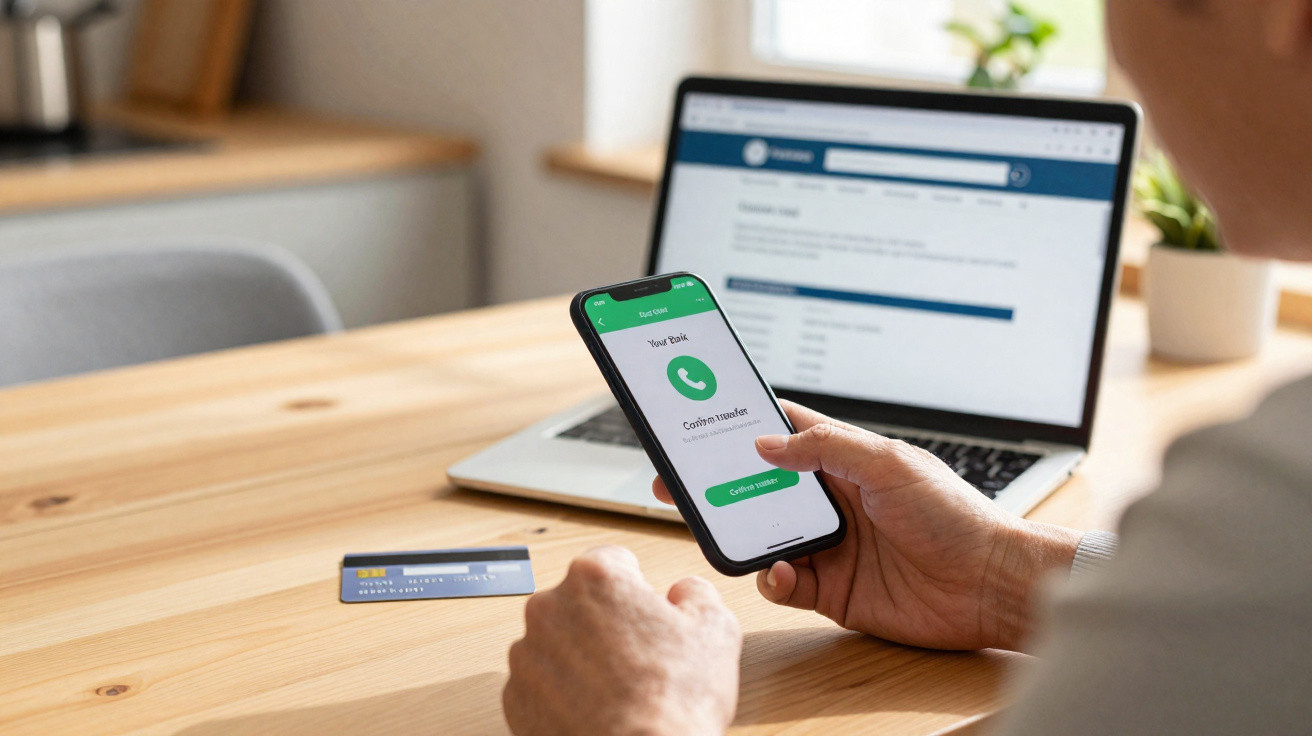 Pessoa a realizar uma transferência bancária no telemóvel com portátil e cartão de crédito numa mesa de madeira.