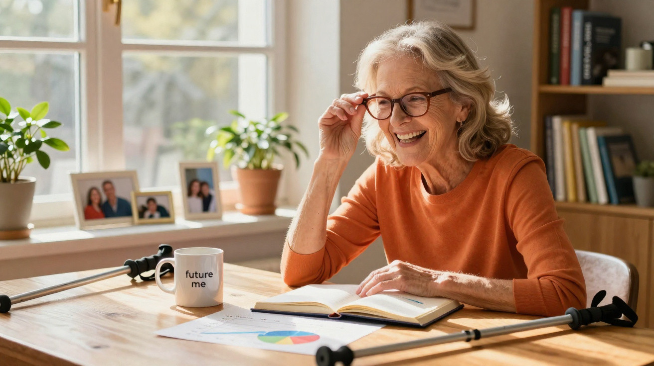 Mulher idosa sorridente com óculos sentada à mesa com caderno, caneca e muletas ao lado.