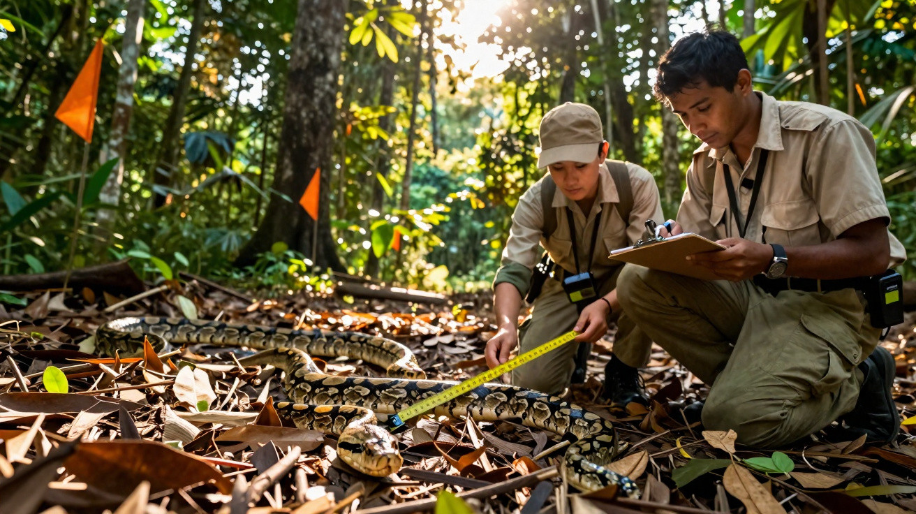 Dois investigadores medem e registam dados de uma cobra grande numa floresta densa.