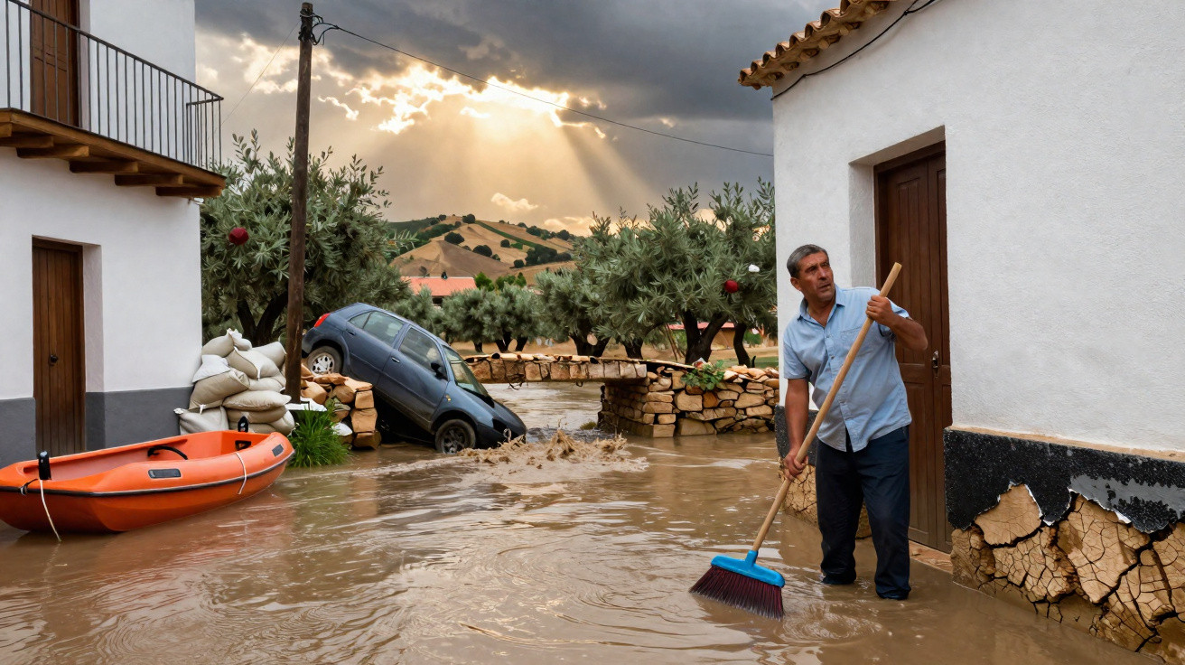 Homem tenta limpar água da inundação numa aldeia com carro semi-submerso e botes à frente.