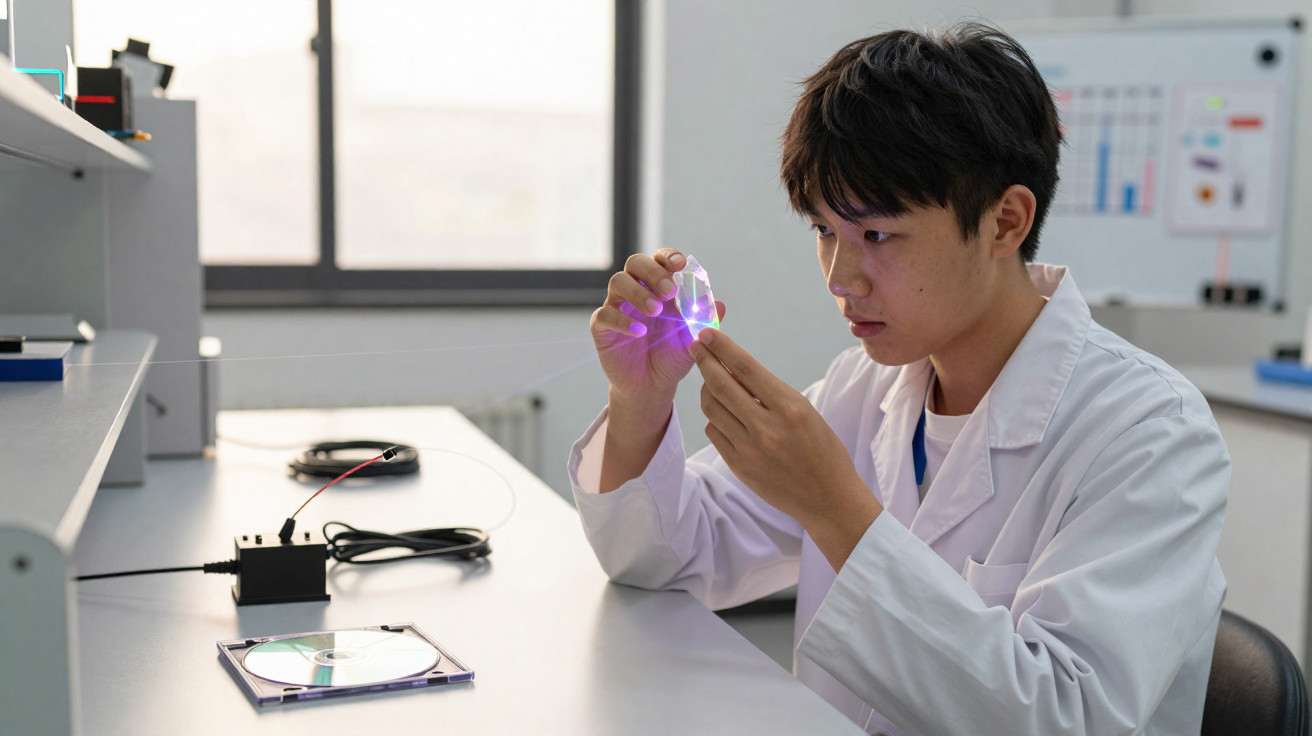 Jovem cientista em bata branca examina prisma iluminado com luz violeta num laboratório moderno.