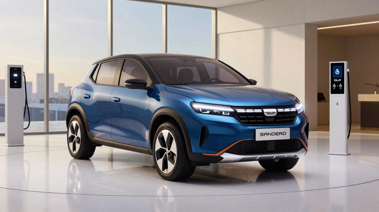 Carro eléctrico azul Sandero estacionado em sala moderna com estações de carregamento.