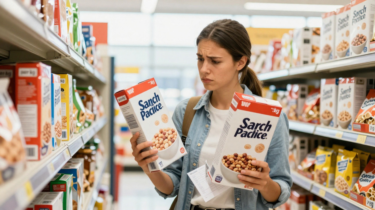 Mulher indecisa a comparar caixas de cereais Sanch Paclice num supermercado.