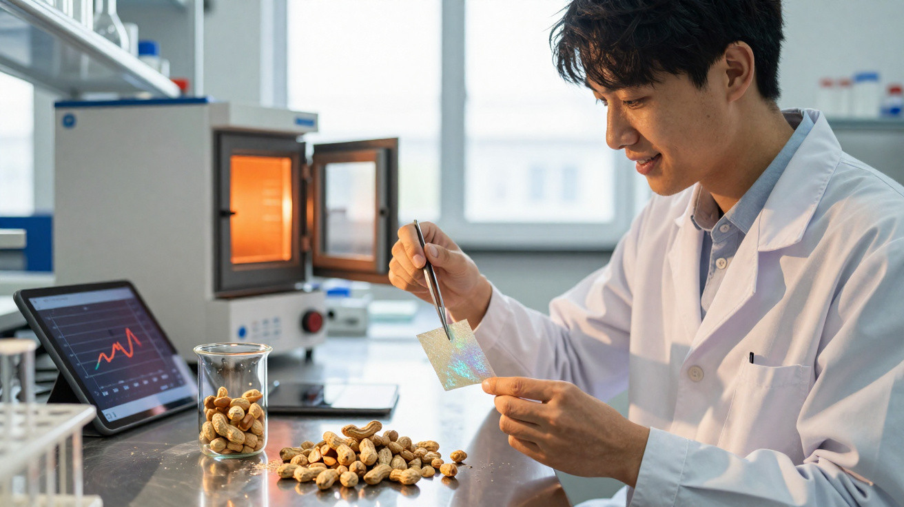 Cientista de laboratório analisa amostras de amendoins com pinças em bancada com equipamentos científicos.