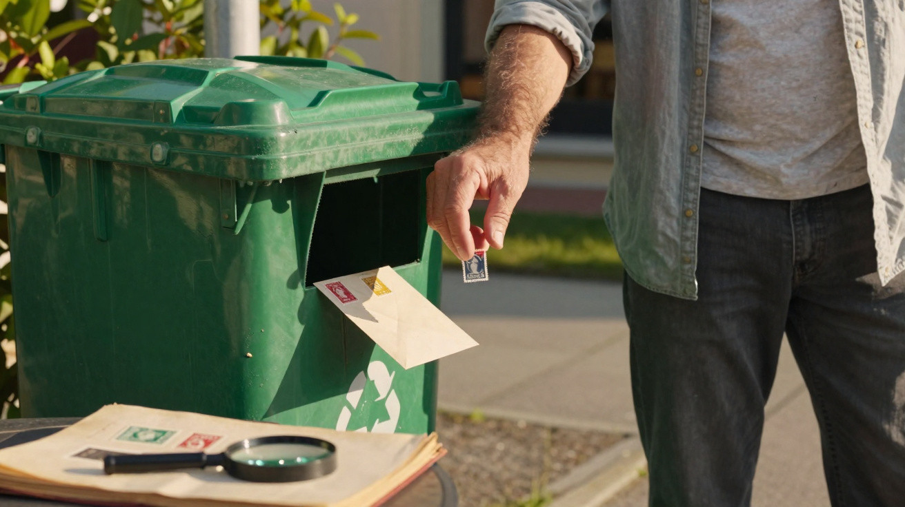 Pessoa a colocar uma carta com selo numa caixa de correio verde com símbolo de reciclagem ao ar livre.