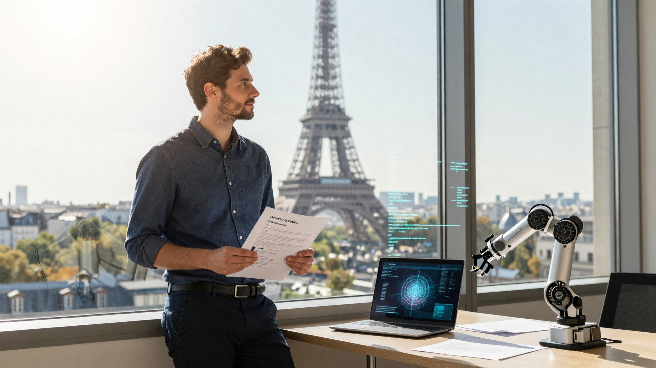 Homem numa sala de escritório moderna com vista para a Torre Eiffel, a analisar documentos e tecnologia.