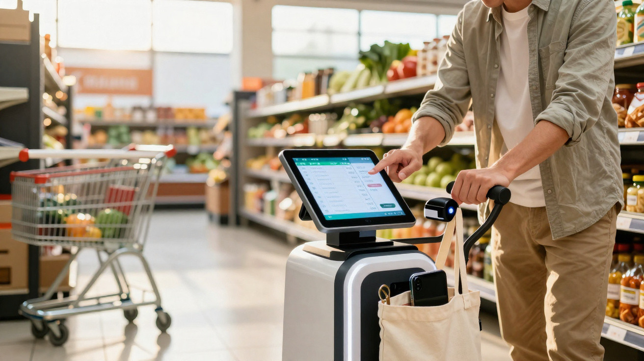 Pessoa a usar carrinho de compras autónomo com ecrã digital num supermercado moderno.