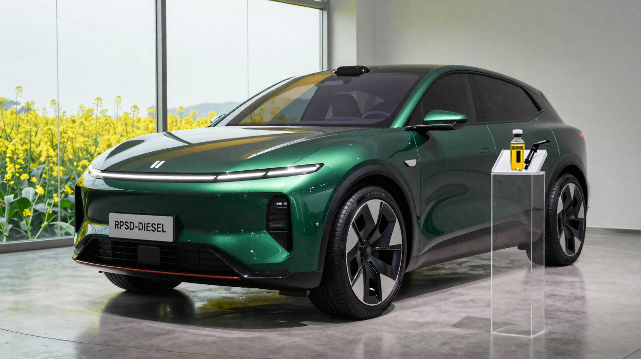 Carro elétrico verde escuro exposto numa sala com janelas amplas e um frasco de óleo numa mesa transparente.