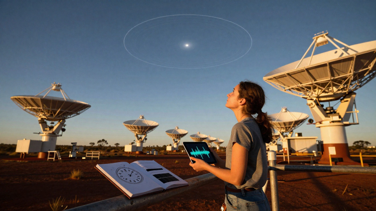 Mulher observa o céu no observatório com antenas de rádio e gráficos em tablet ao entardecer.