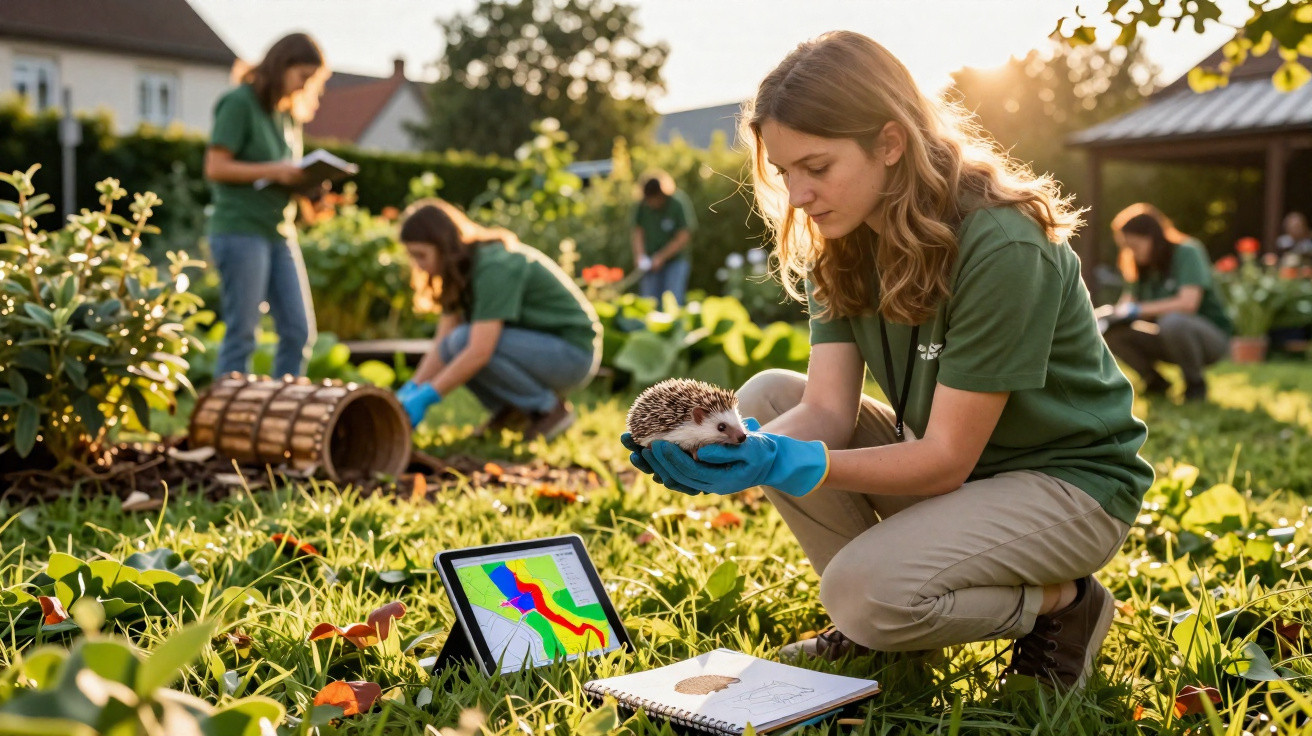 Jovem com luvas azuis segura ouriço no jardim com colegas a cuidar de plantas ao fundo, luz do sol ao pôr do sol.