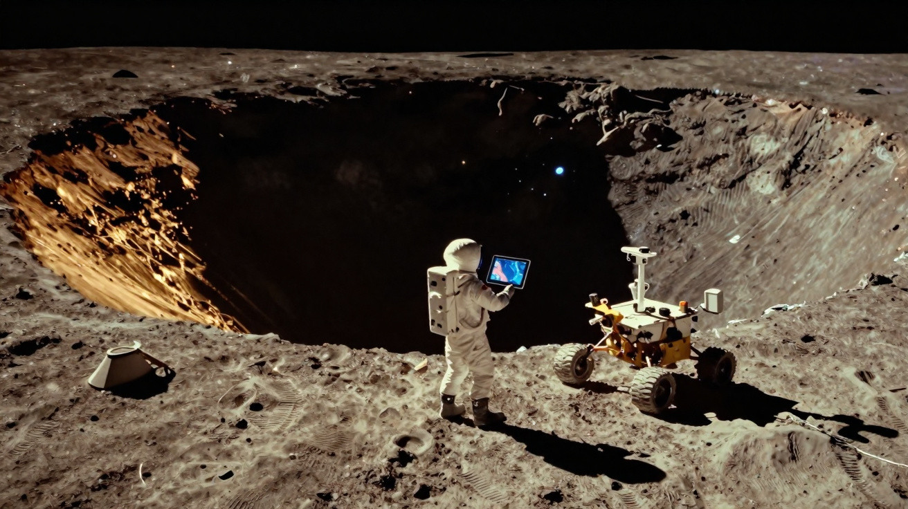 Astronauta na superfície lunar junto a uma rover, a examinar dados perto de uma cratera profunda.