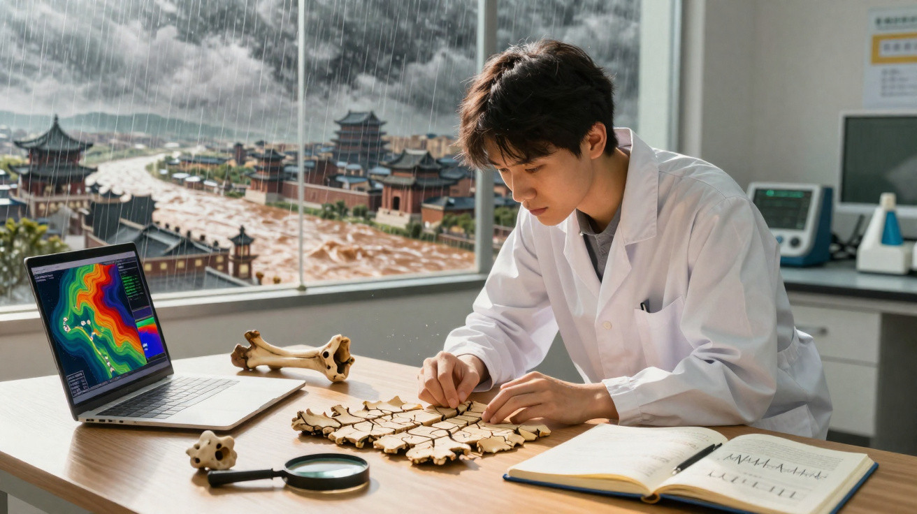 Cientista analisa répteis fósseis numa mesa com computador, lupa e caderno, com chuva em paisagem asiática ao fundo.