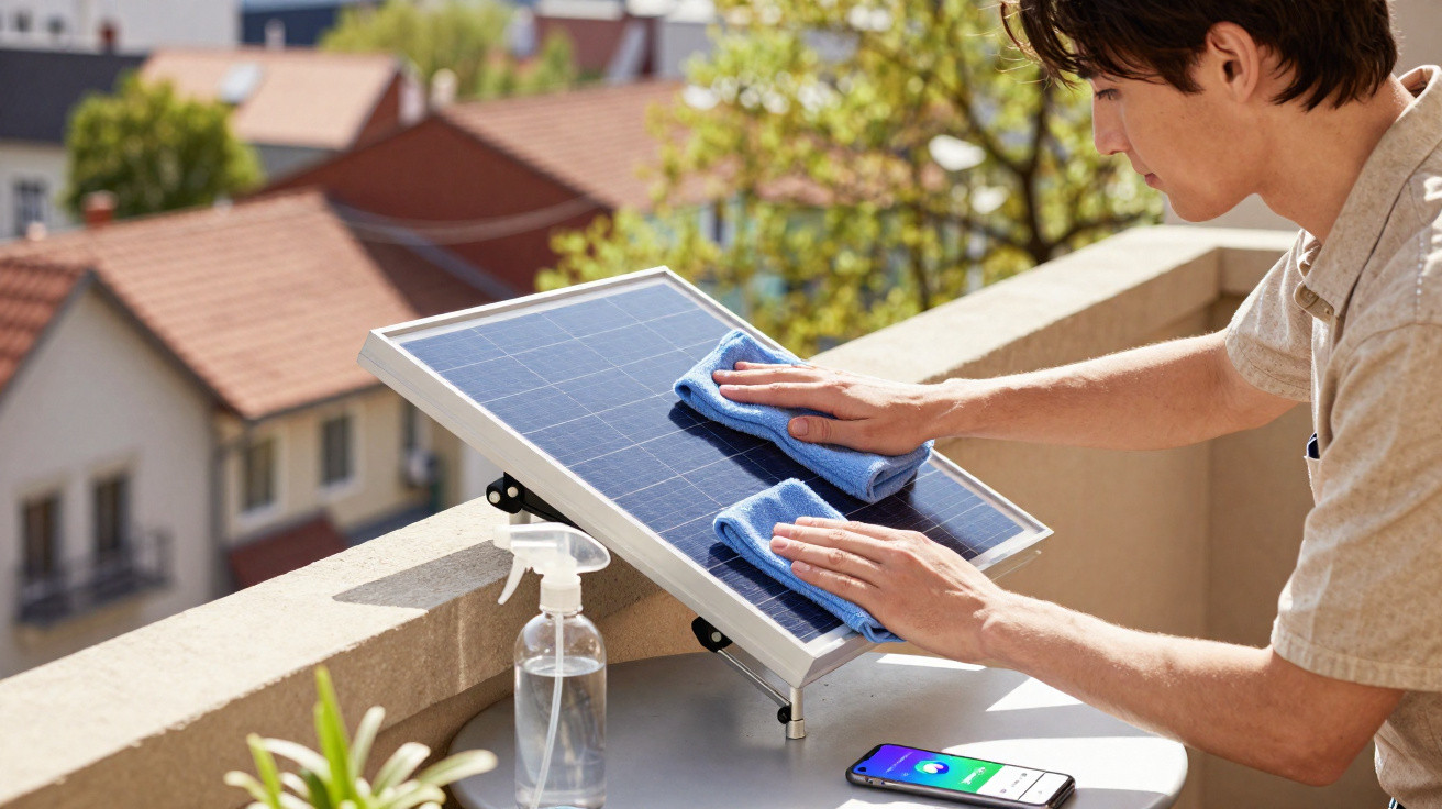 Pessoa a limpar painéis solares pequenos num terraço, com uma garrafa de spray e telemóvel numa mesa próxima.
