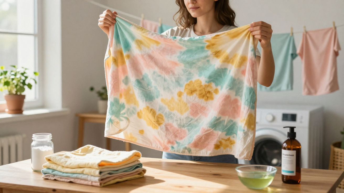 Mulher estende peça de roupa colorida com padrão floral num ambiente doméstico de lavandaria.