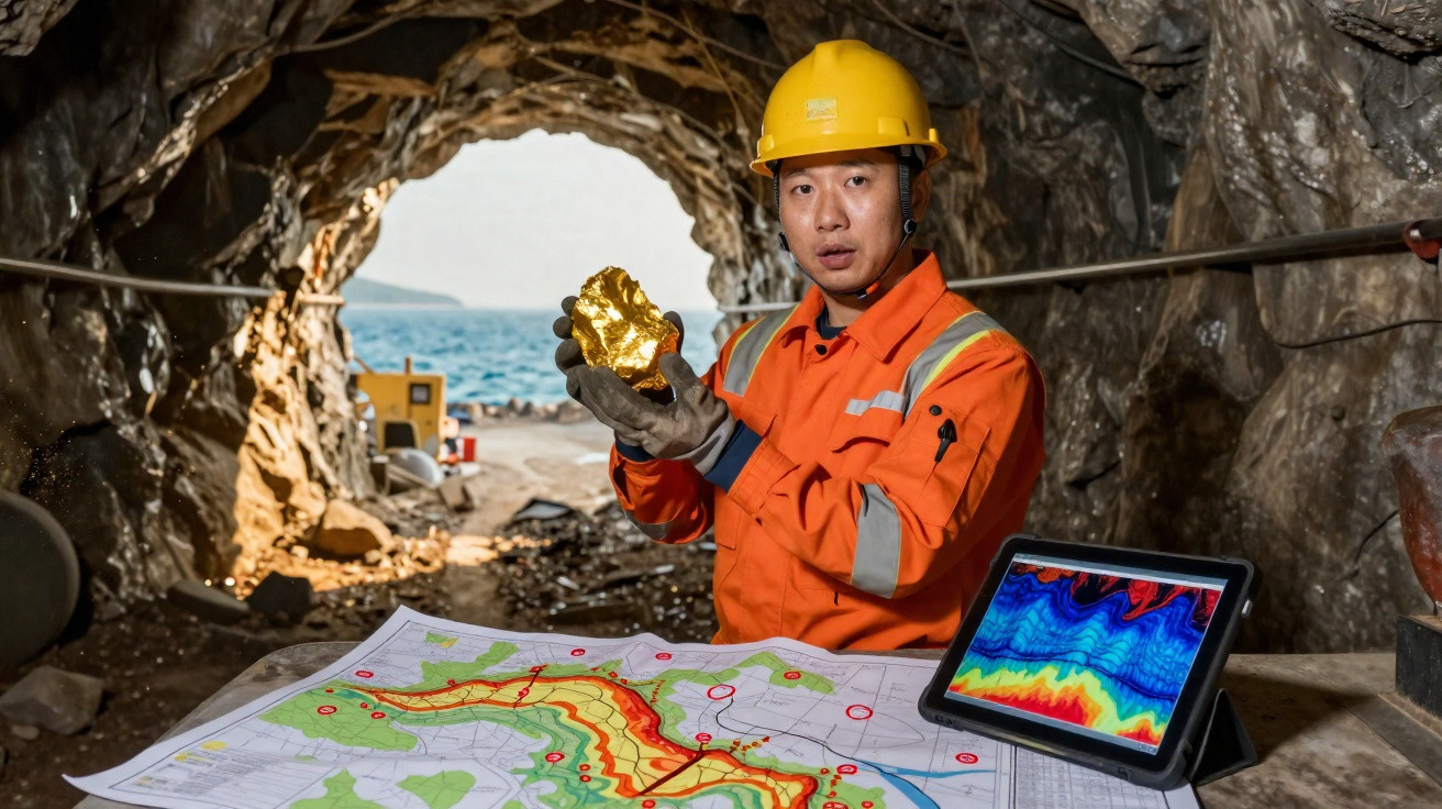 Mineiro com capacete amarelo segura pepita de ouro em gruta, com mapa e tablet à sua frente.