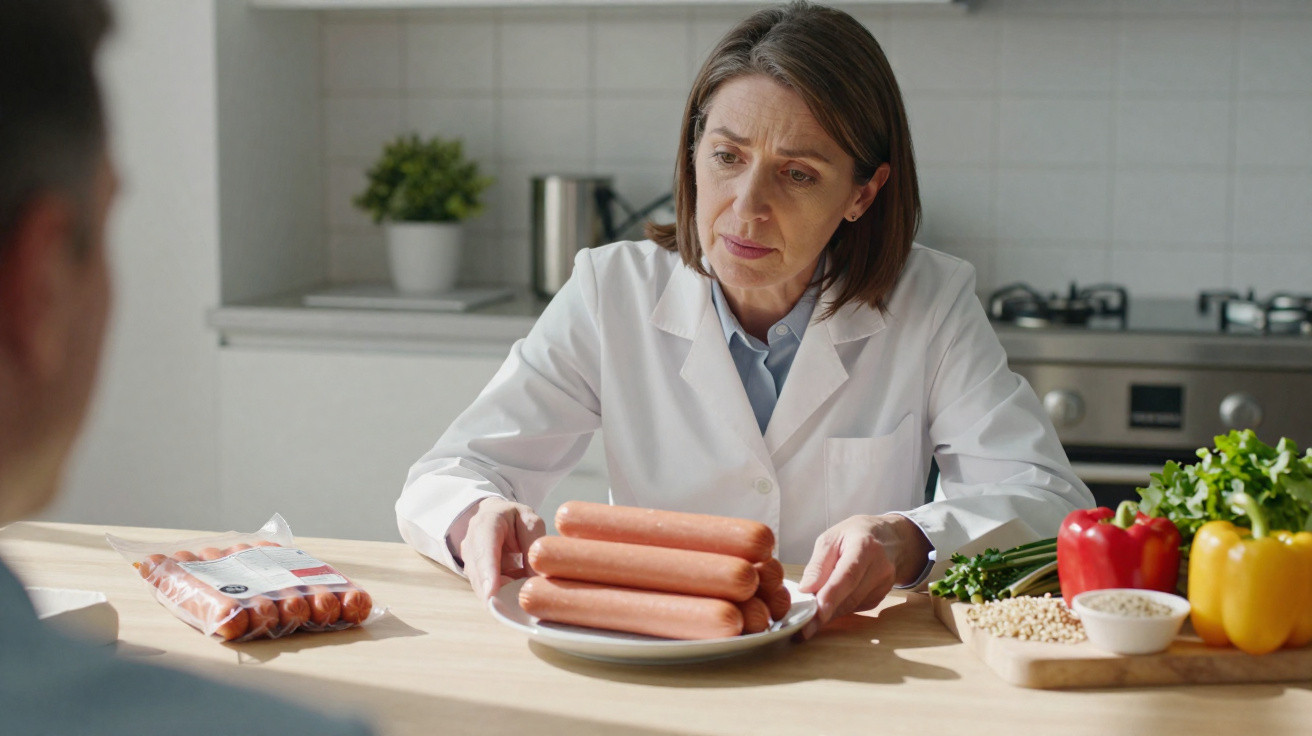 Mulher em bata branca apresenta pratos com salsichas para homem numa cozinha com legumes e ervas.