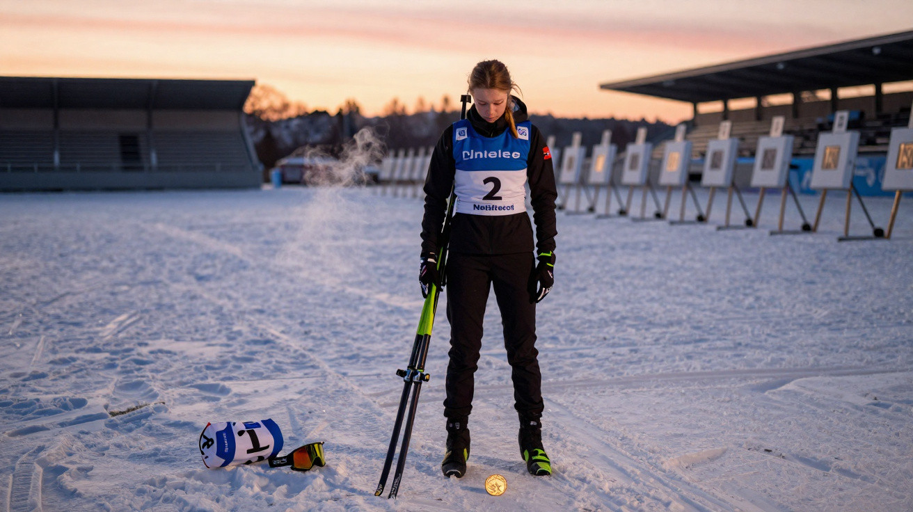 Atleta de esqui cross-country com roupa preta e número 2 em pista de neve ao pôr do sol.
