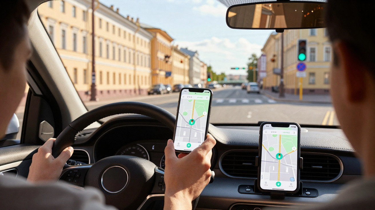 Pessoa a conduzir um carro urbano, segurando um telemóvel com aplicação de mapas, trânsito com semáforo verde.