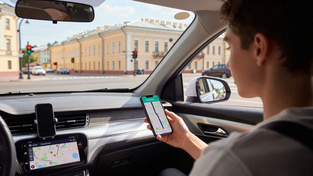 Pessoa a usar GPS no smartphone dentro de um carro parado num semáforo na cidade.
