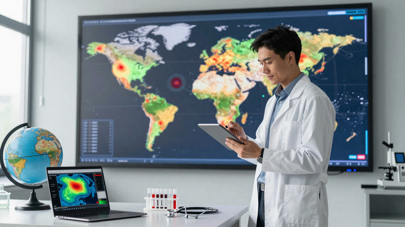 Cientista em laboratório a analisar dados de mapas globais de calor e gráficos em tablet e computador portátil.