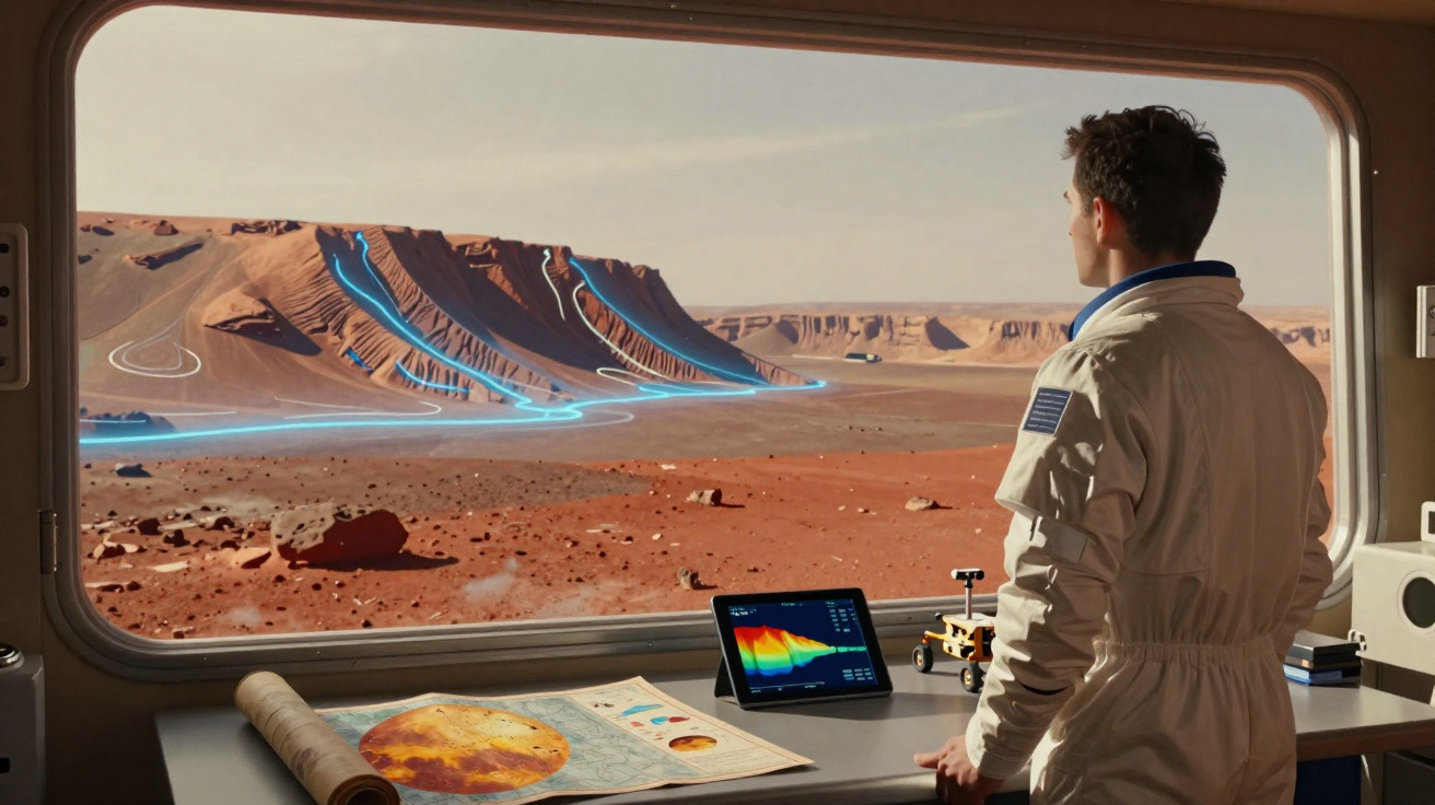 Astronauta observa paisagem desértica com trilhas azuis numa janela grande, ao lado de mapa e tablet na mesa.