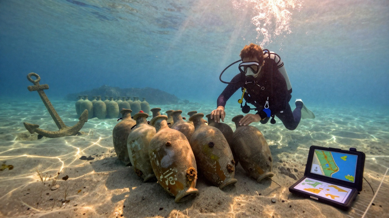 Mergulhador explora ânforas antigas submersas perto de uma âncora e um mapa digital no fundo do mar.