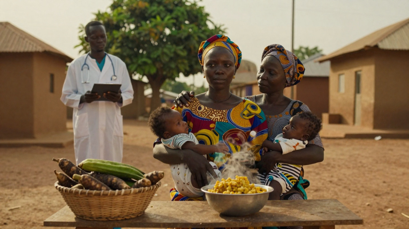 Duas mulheres africanas com bebés ao colo e alimentos numa mesa, com médico ao fundo numa aldeia rural.