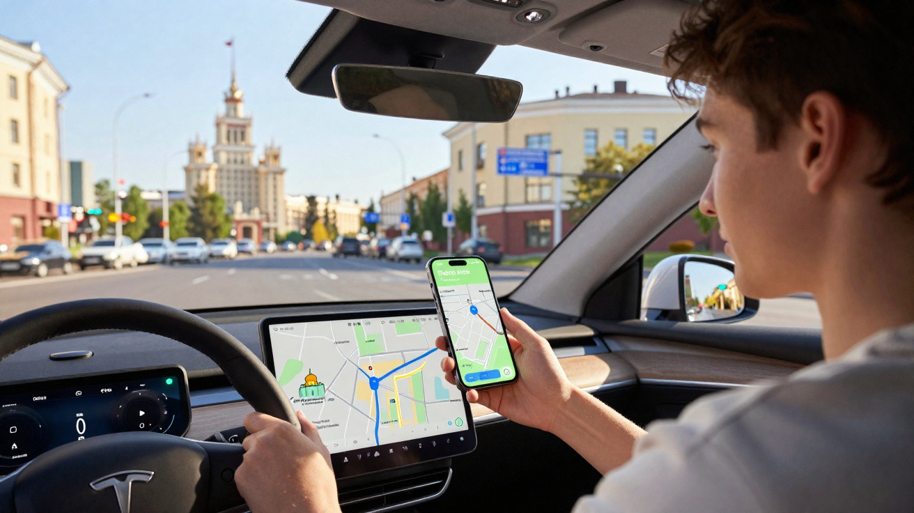 Jovem conduz carro Tesla consultando app de mapas no telemóvel e ecrã digital no tablier.