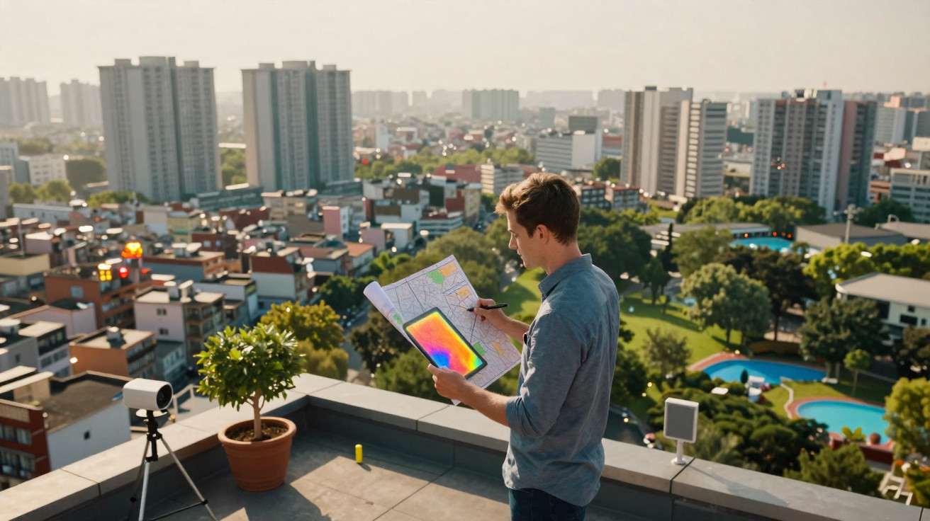 Homem analisa mapa e usa tablet numa varanda com vista para cidade e edifícios altos ao fundo.