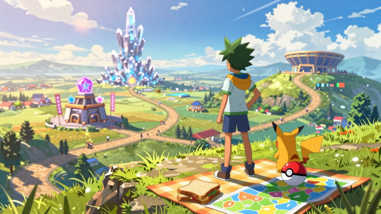 Jovem com cabelo verde e Pikachu observam cidade colorida com edifícios futuristas e natureza ao redor.