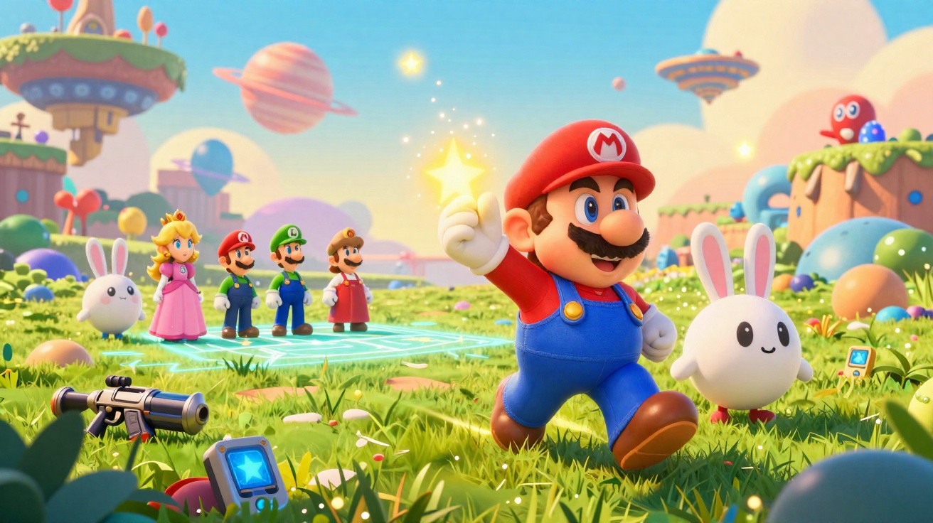 Mario e amigos num ambiente colorido com planetas, flores e personagens fofos em fundo de fantasia.