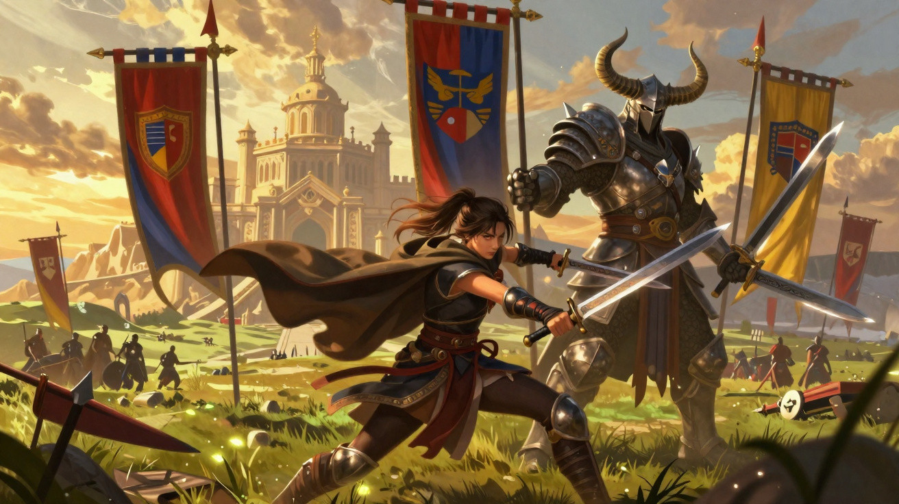 Guerreira com espada enfrenta cavaleiro de armadura com capacete de chifres numa batalha medieval perto de castelo.