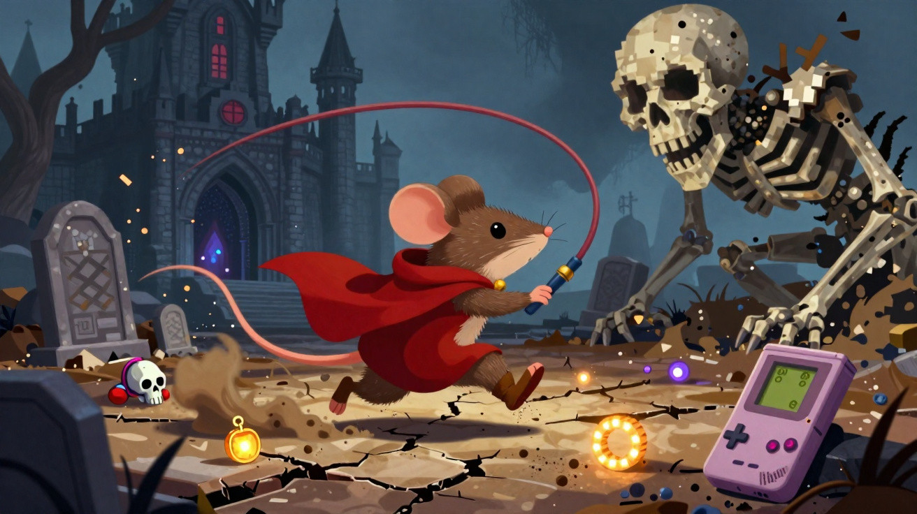 Rato vestido com capa vermelha enfrenta esqueleto em cemitério com castelo ao fundo, ambiente de fantasia.