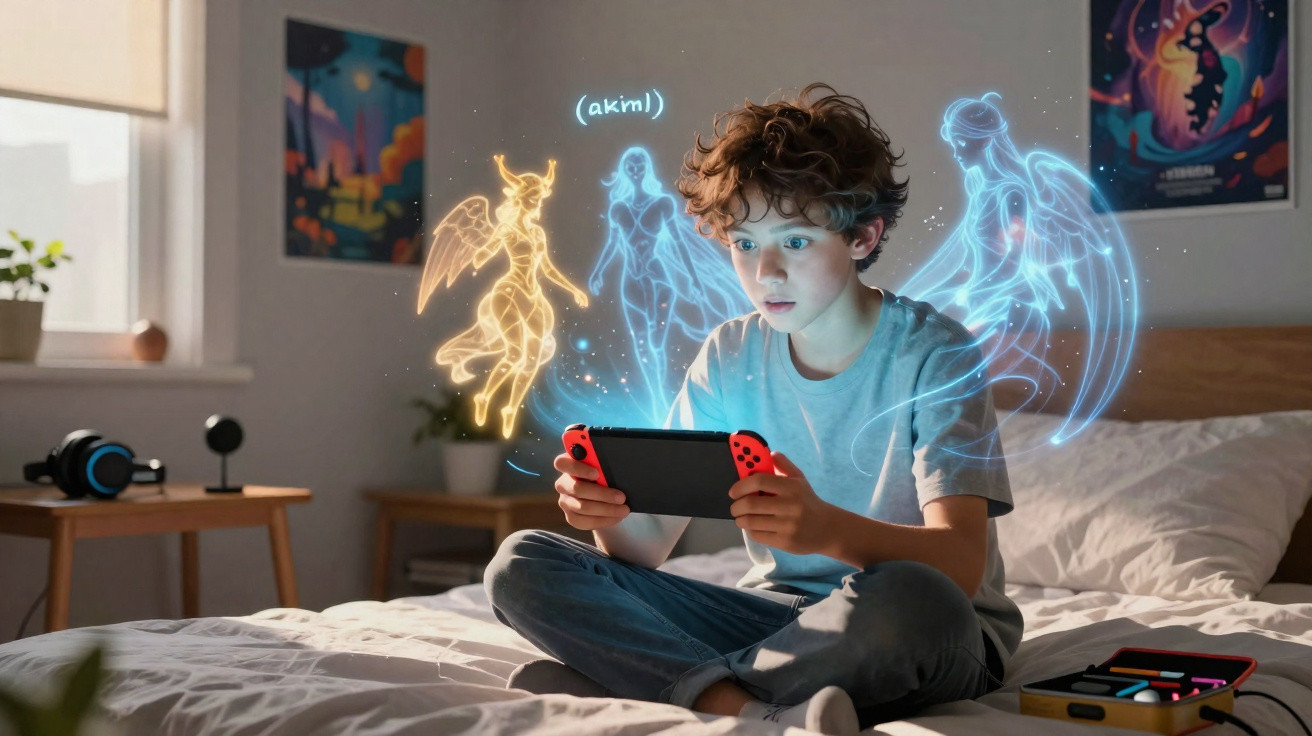 Menino sentado na cama a jogar consola com figuras holográficas de personagens a flutuar à sua volta.