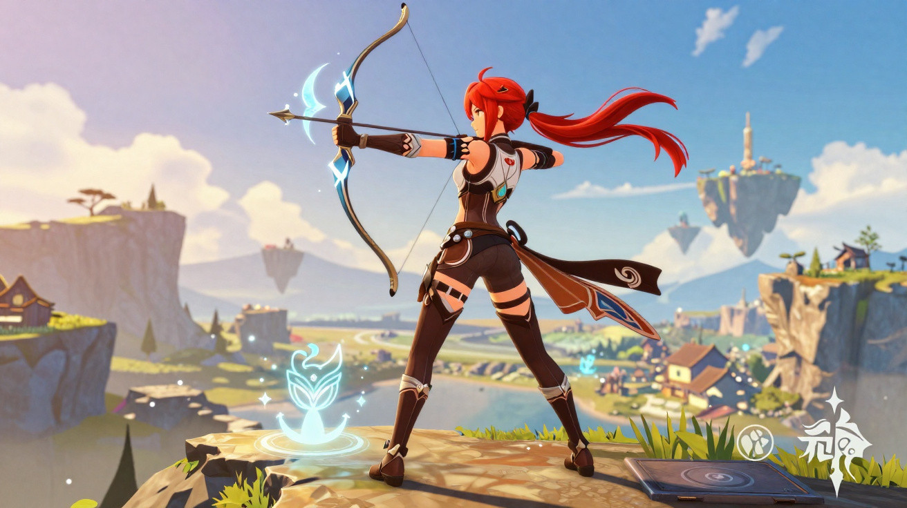 Personagem com cabelo vermelho a apontar arco carregado para um alvo numa paisagem fantástica flutuante.