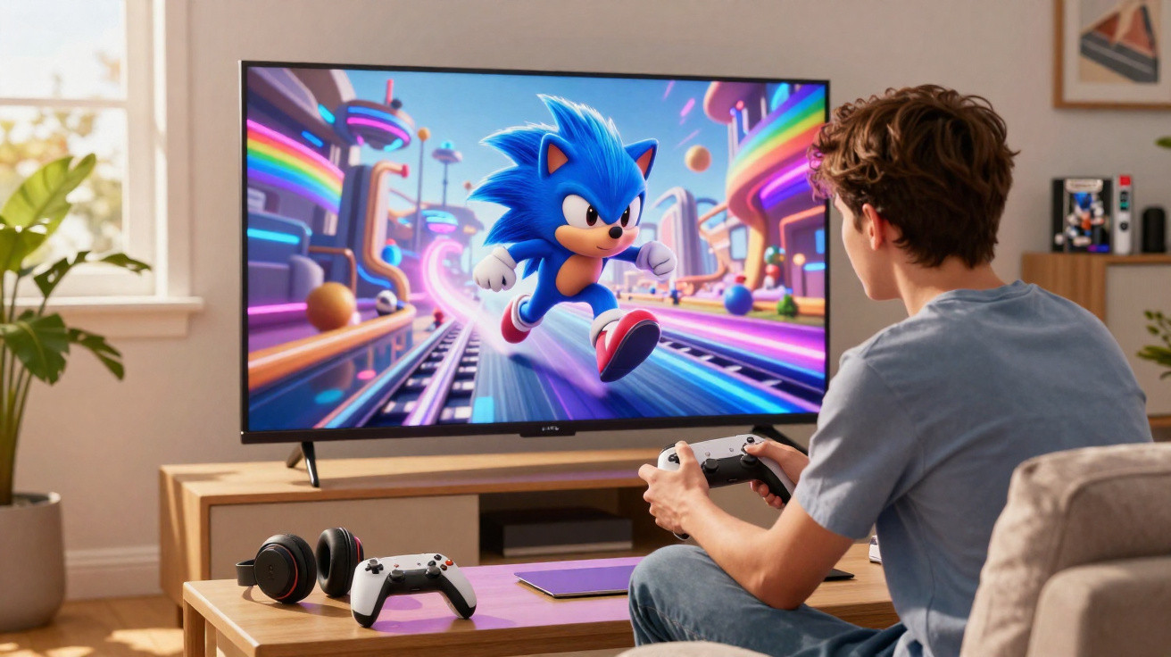 Jovem sentado no sofá a jogar videojogo do Sonic numa televisão grande numa sala acolhedora.