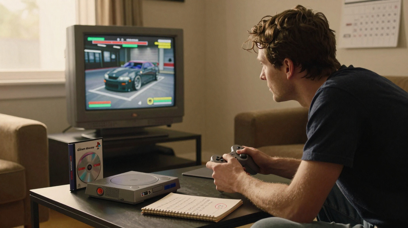 Homem sentado a jogar videojogo de carros numa televisão antiga com consola e caderno numa mesa.