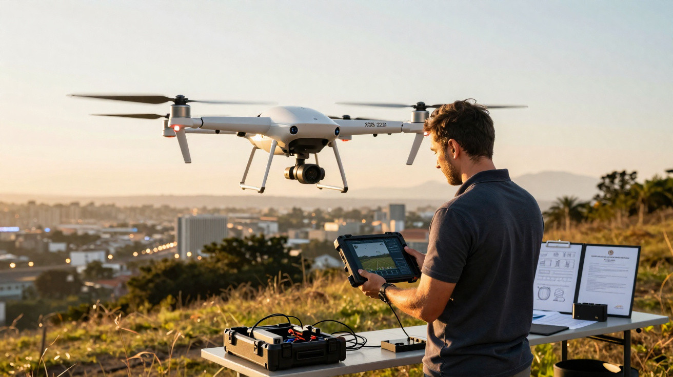 Homem controla drone branco com tablet ao pôr do sol numa colina com vista para a cidade.