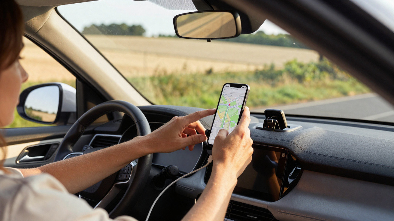 Pessoa dentro de carro ao volante a usar telemóvel com aplicação de mapas para navegação.