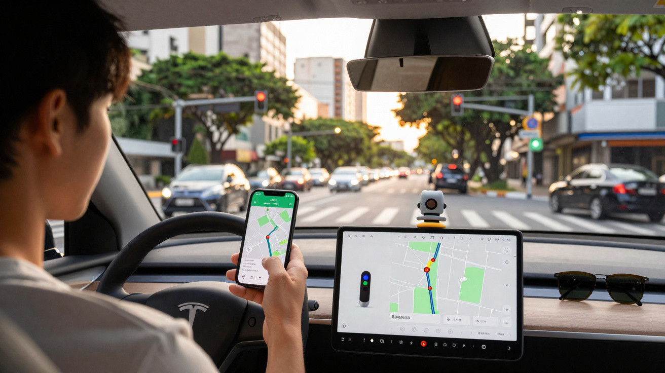 Pessoa dentro de automóvel Tesla a usar aplicativo de navegação no telemóvel e no ecrã do carro.