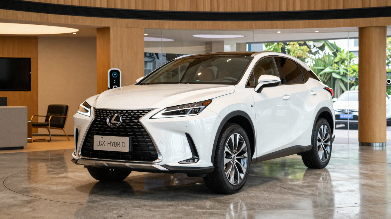 Carro Lexus LBX híbrido branco em exposição num espaço interior moderno com poltronas e colunas de madeira.