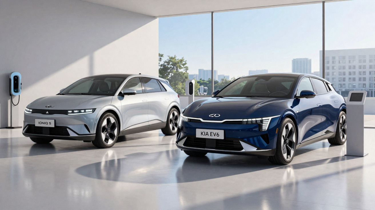 Dois carros elétricos, um cinza Ioniq 5 e um azul Kia EV6, estacionados em showroom moderno.