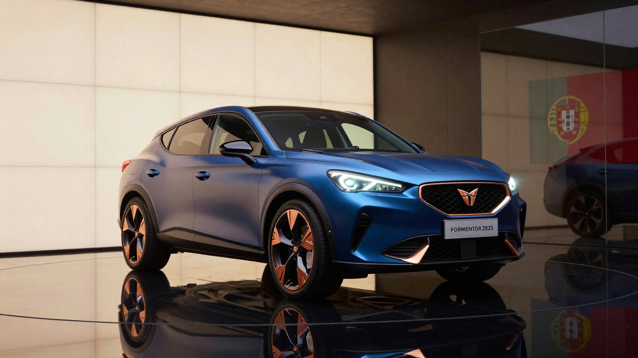 Carro desportivo azul Cupra Formentor 2025 estacionado em ambiente moderno com reflexo no chão.