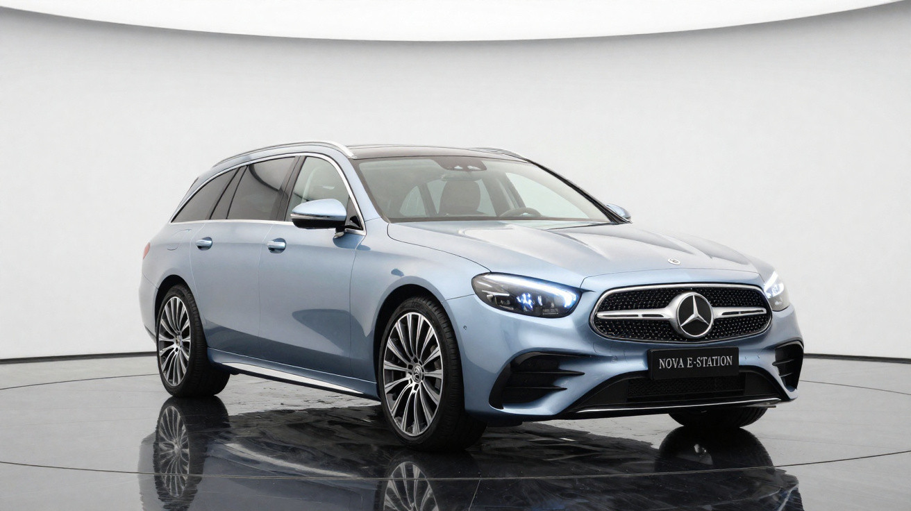 Carro Mercedes-Benz E Station Wagon azul metálico, em estúdio com fundo branco e chão refletor.