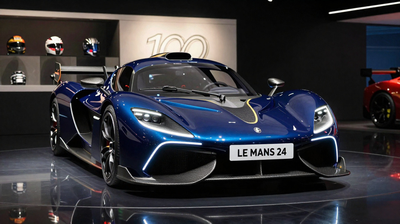Carro desportivo azul Le Mans 24 em exposição com capacetes e outros carros ao fundo.