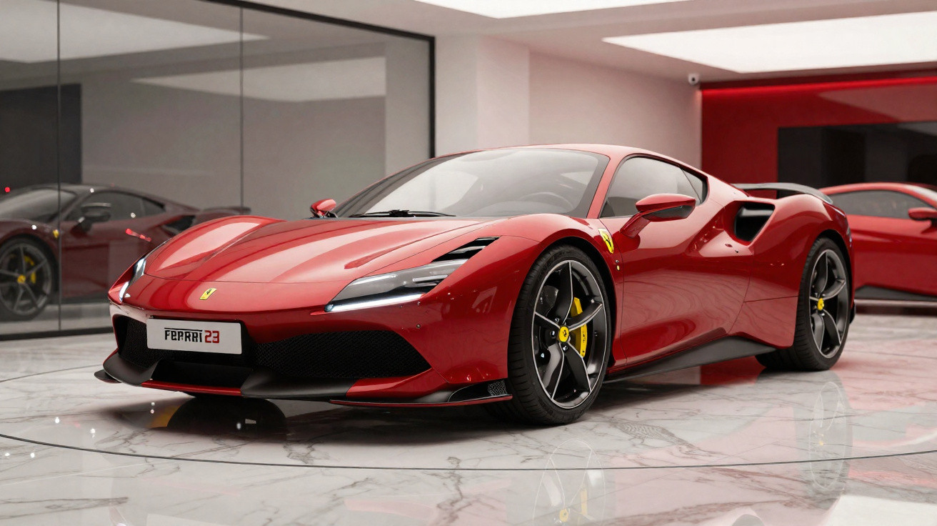 Carro desportivo Ferrari vermelho brilhante estacionado num showroom moderno com chão em mármore.