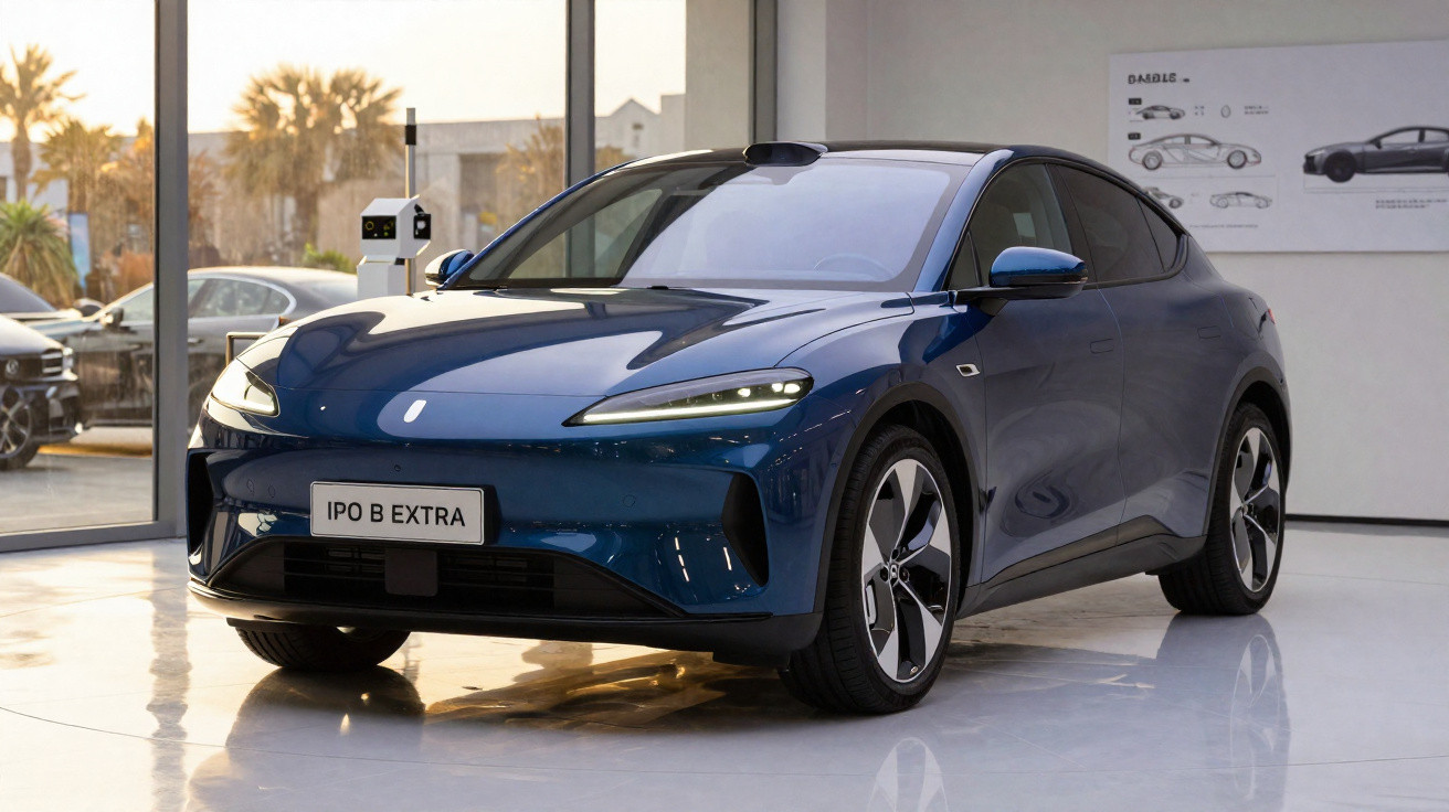 Carro elétrico azul moderno estacionado dentro de showroom com grandes janelas e painéis informativos na parede.