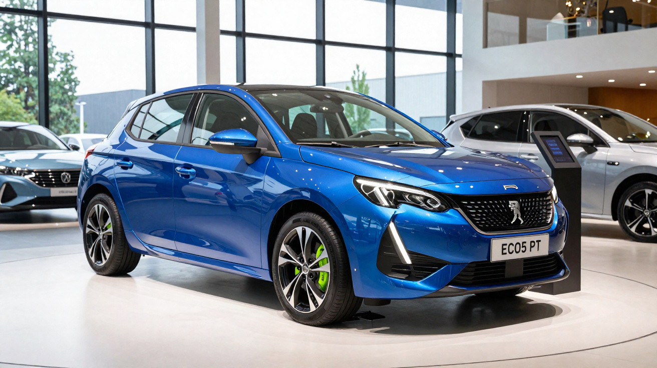 Carro Peugeot azul brilhante exibido em showroom moderno com janelas amplas e outros veículos ao fundo.