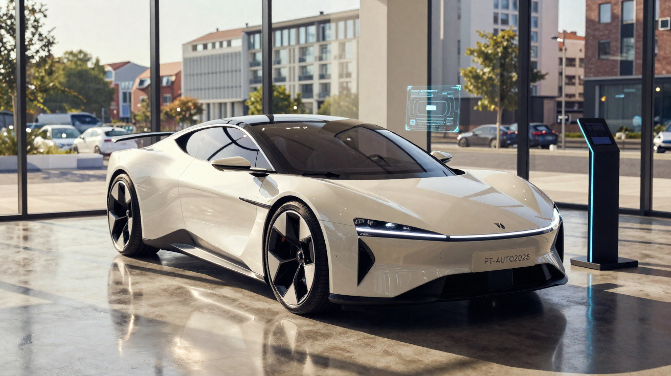 Carro desportivo branco futurista estacionado numa garagem com design moderno e janelas grandes.